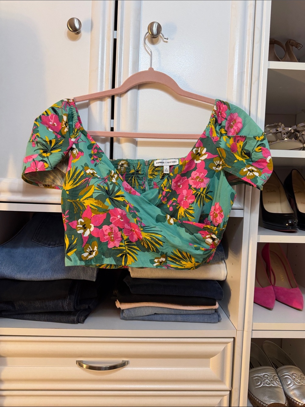 Express Teal Tropical Floral Puff-Sleeve Crop Top